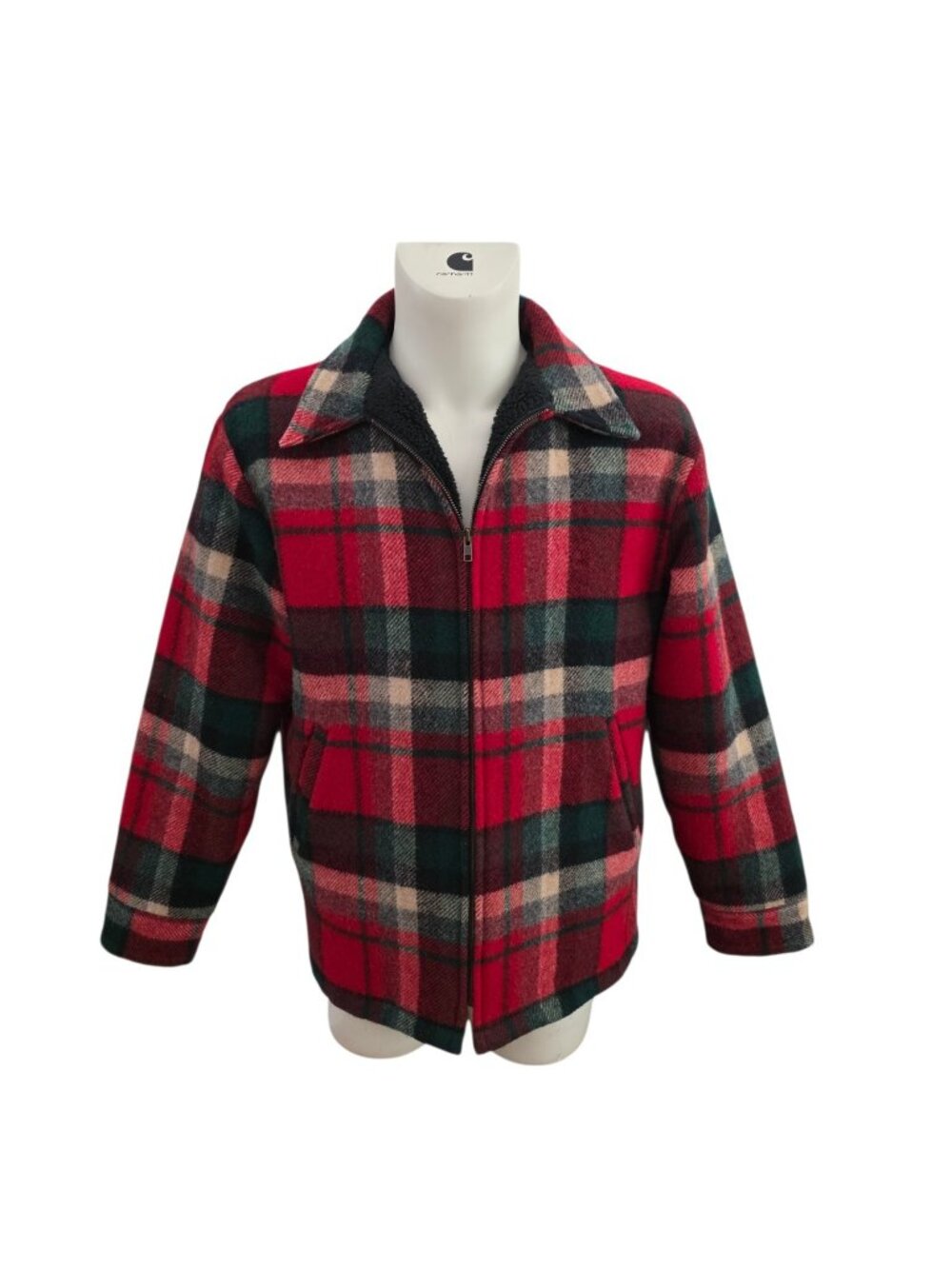 Vintage Woolrich Sherpa Lined Wool Plaid Full Zip Jacket Red Green M EUC